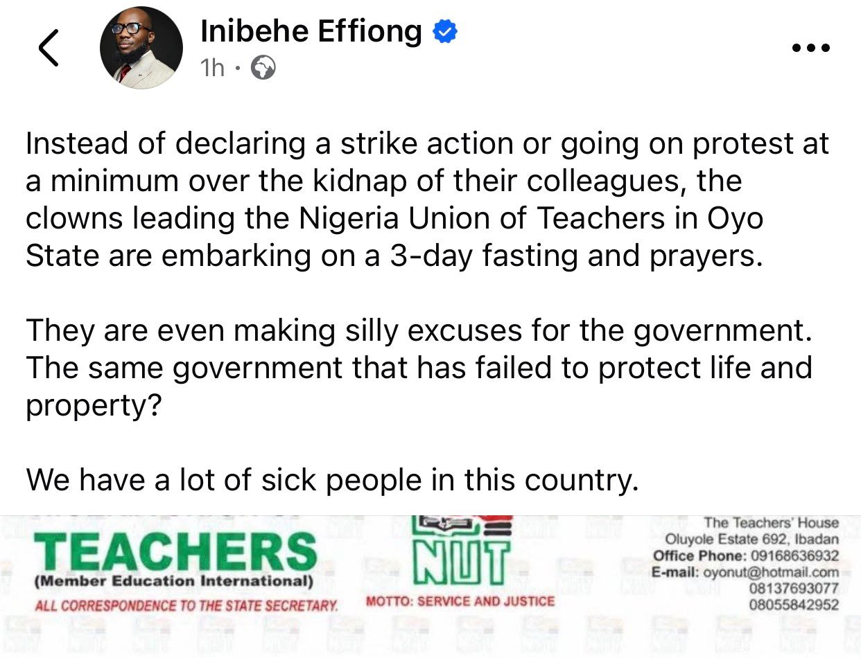 Netizens react as Oyo teachers call for three-days fasting and prayers for safe return of abd#cted teachers and pupils